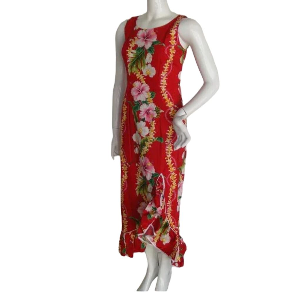 ROYAL CREATIONS Maxi Dress, S, Red, Floral, Ruffled Asymmetrical Hem, Sleeveless - Picture 4 of 10